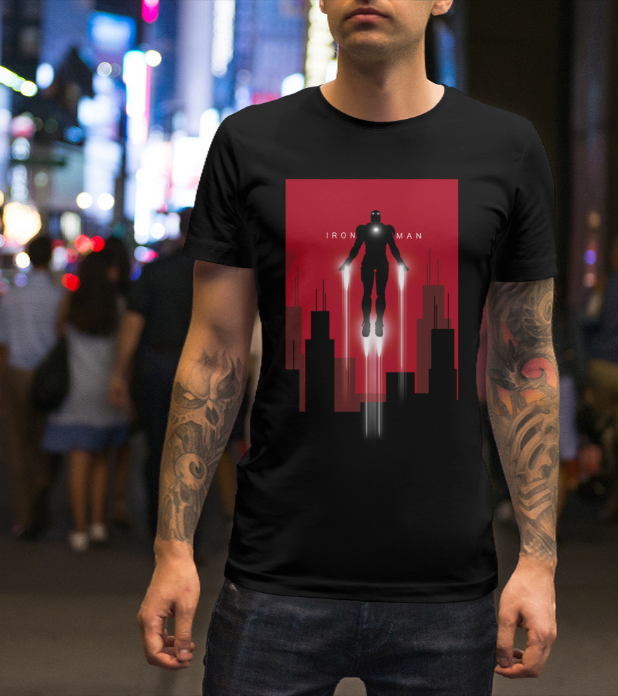 Iron Man Soars Above City Skyline T-Shirt