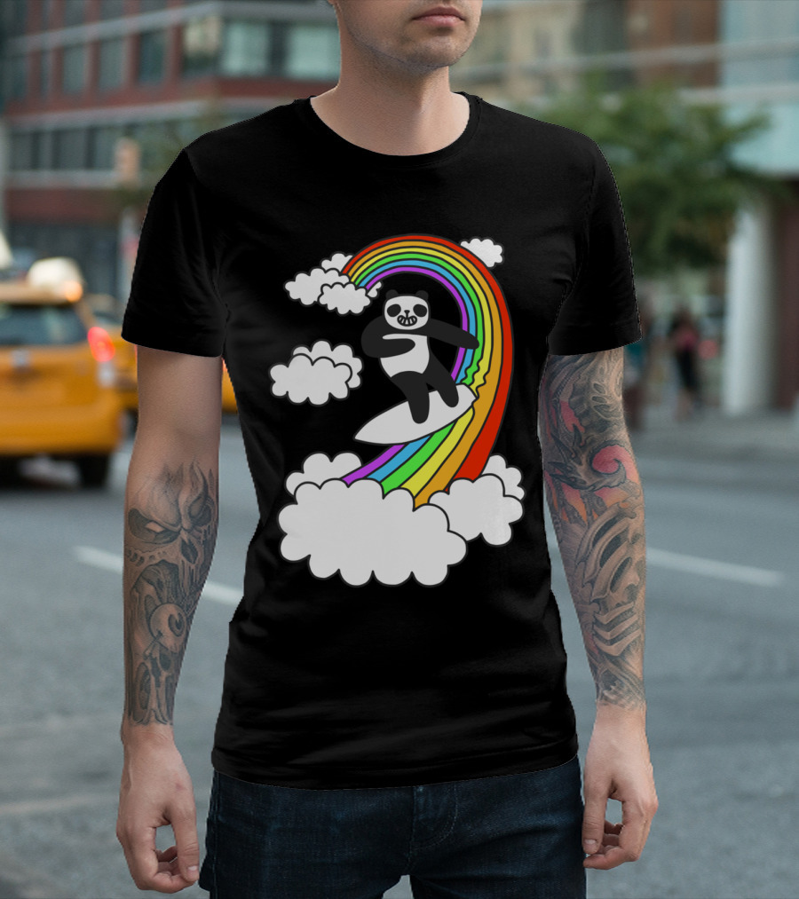 Pandas Surf Rainbows through Colorful Clouds and Smiling Skies T-Shirt