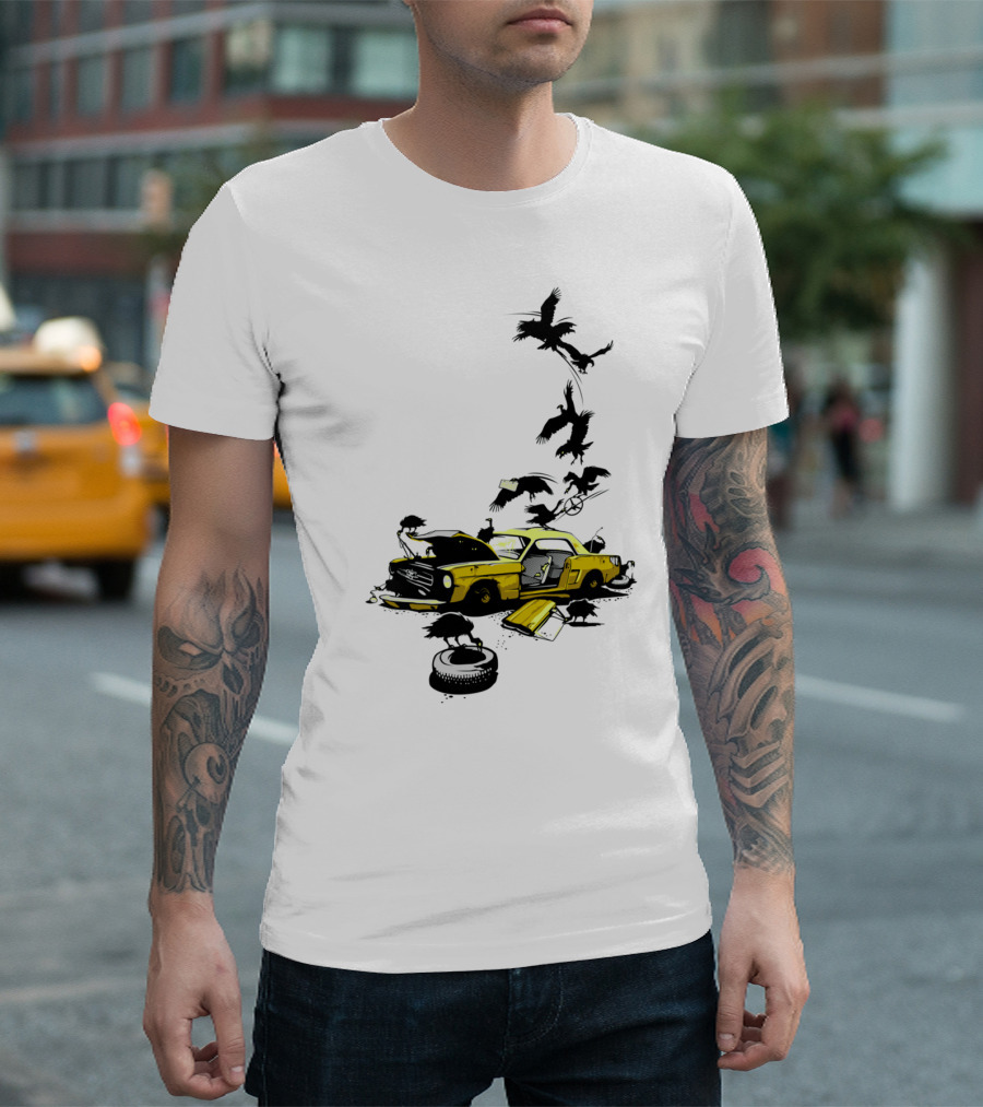 Dead Pony Wrecked Yellow Car With Crows T-Shirt