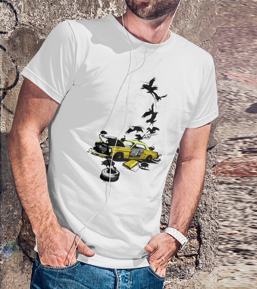 Dead Pony Wrecked Yellow Car With Crows T-Shirt