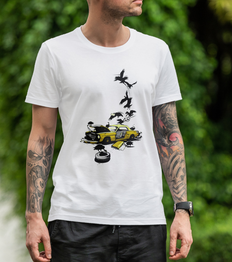 Dead Pony Wrecked Yellow Car With Crows T-Shirt