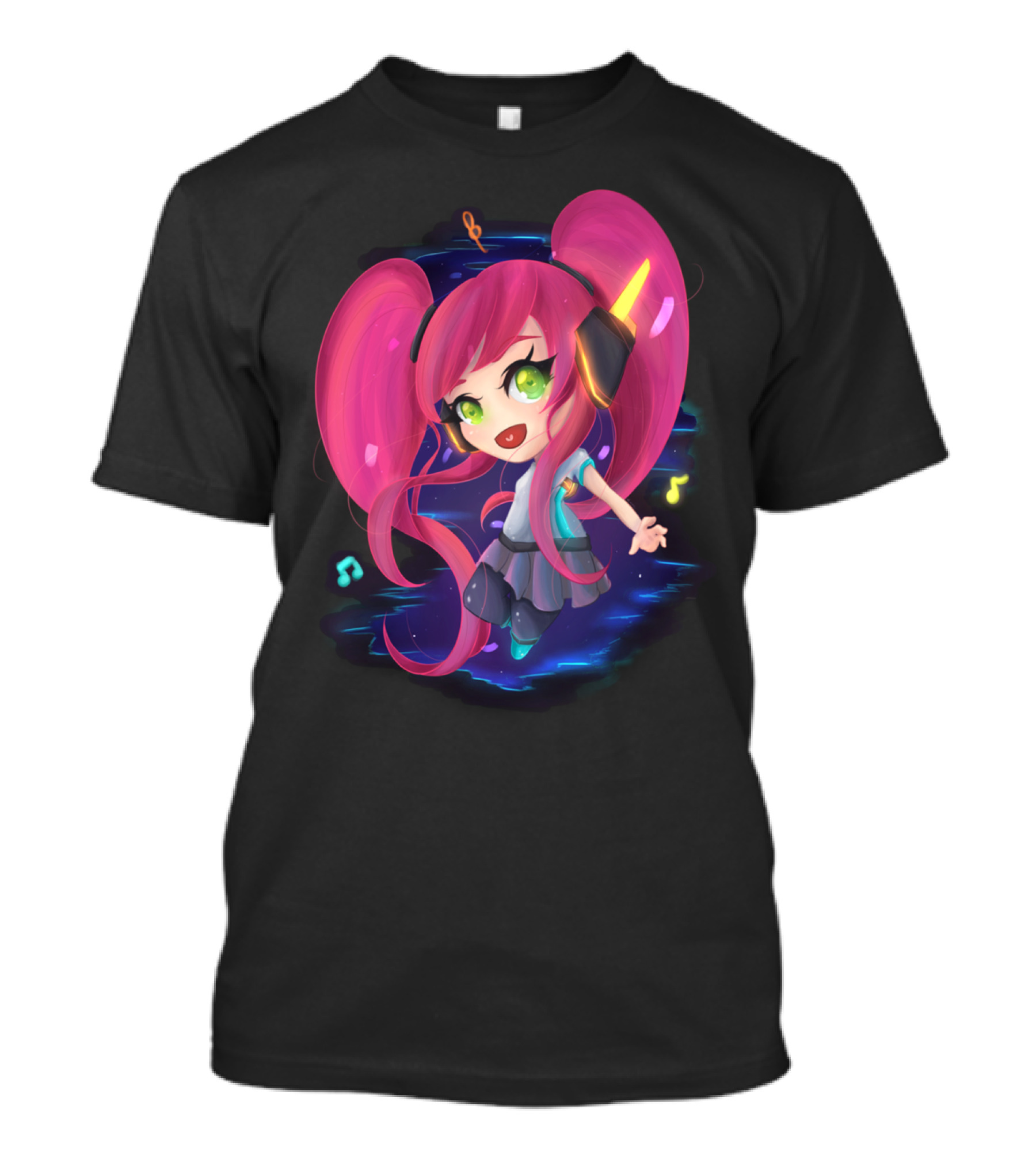Music Chibi Spirit Pink Hair Green Eyes Vibrant Beat T-Shirt