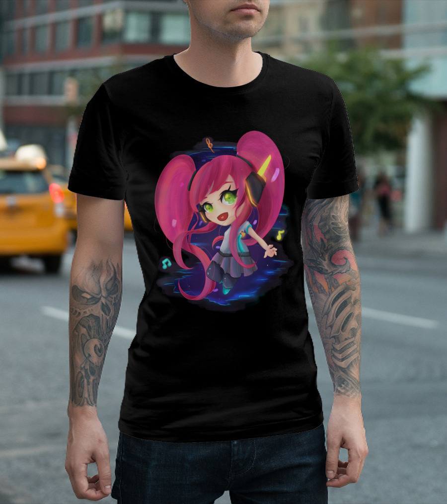 Music Chibi Spirit Pink Hair Green Eyes Vibrant Beat T-Shirt
