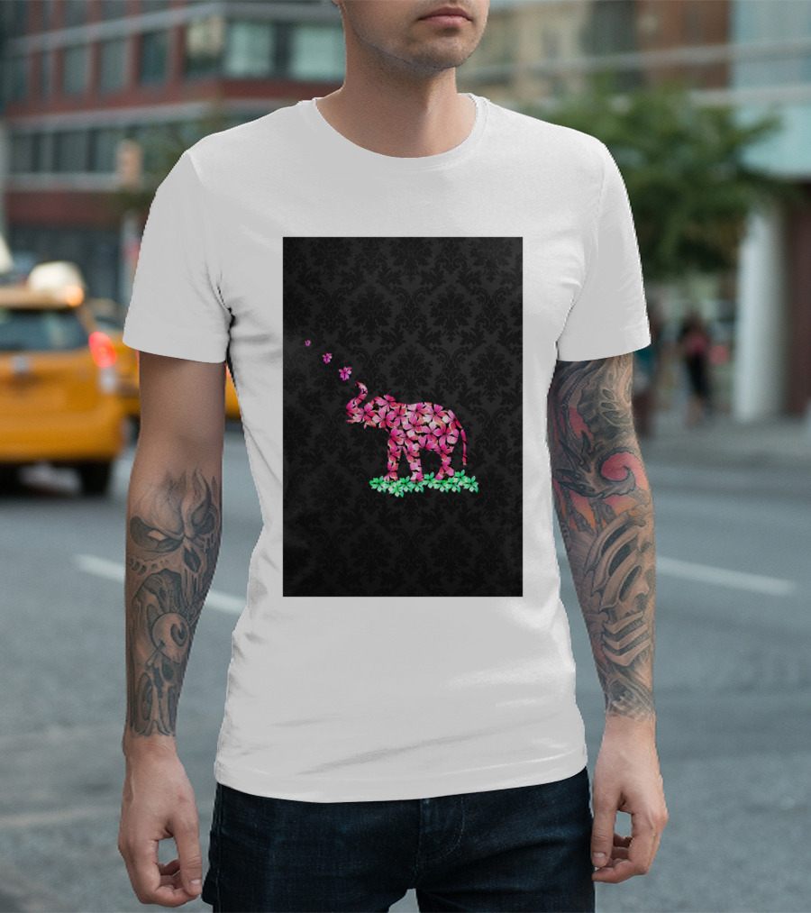 Retro Pink Sakura Flower Elephant T-Shirt