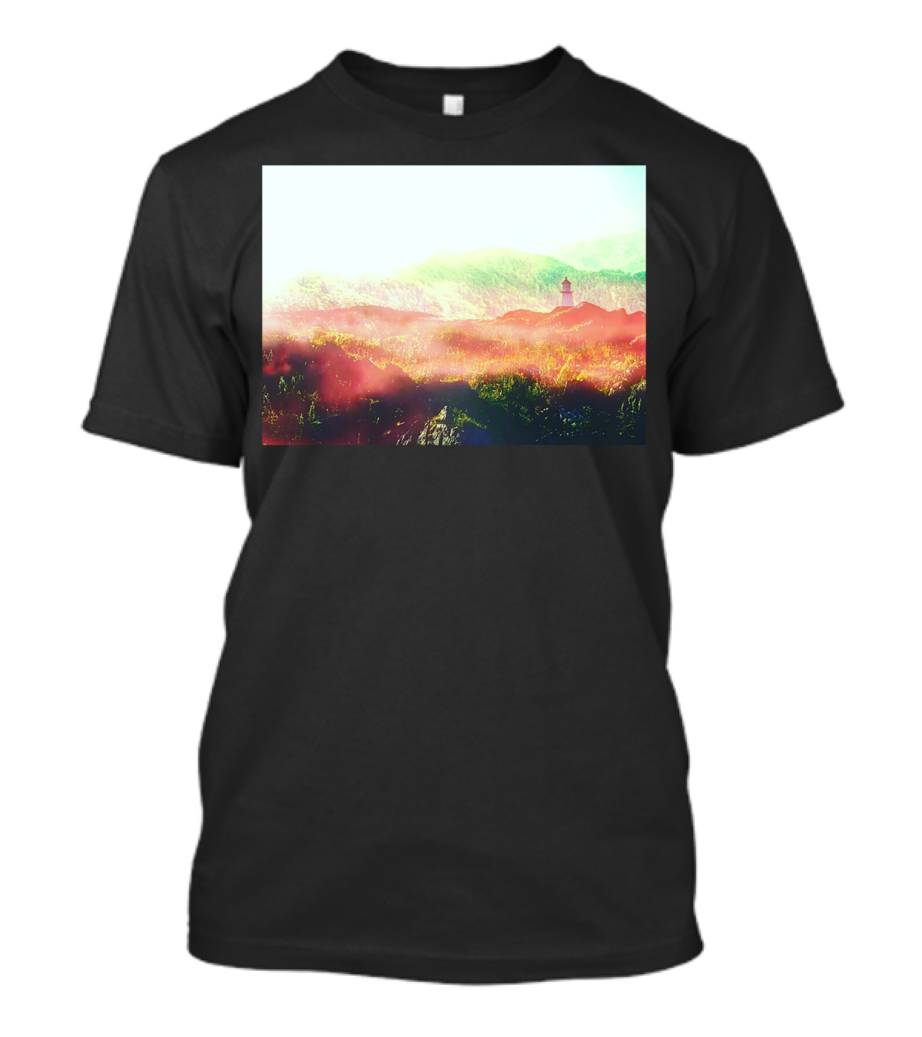 Lands Of Fire Enchanted Landscape With Lighthouse In Misty Mountains T-Shirt