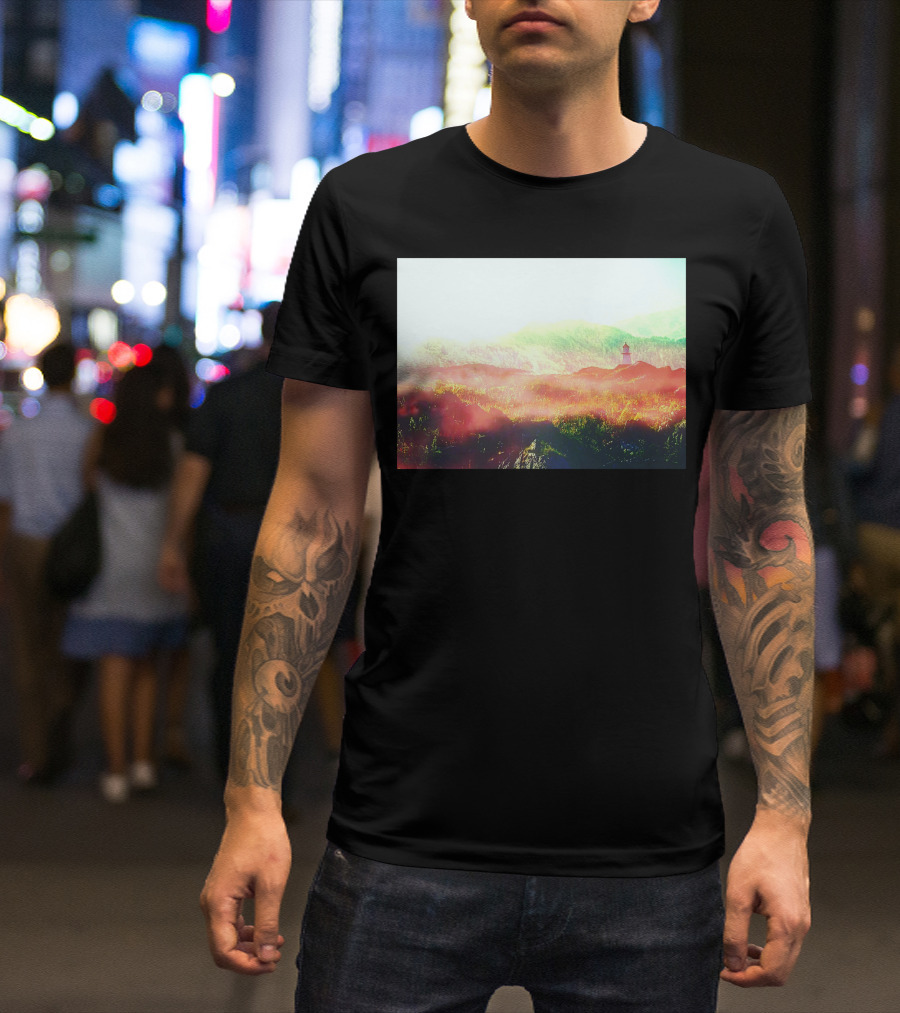 Lands Of Fire Enchanted Landscape With Lighthouse In Misty Mountains T-Shirt