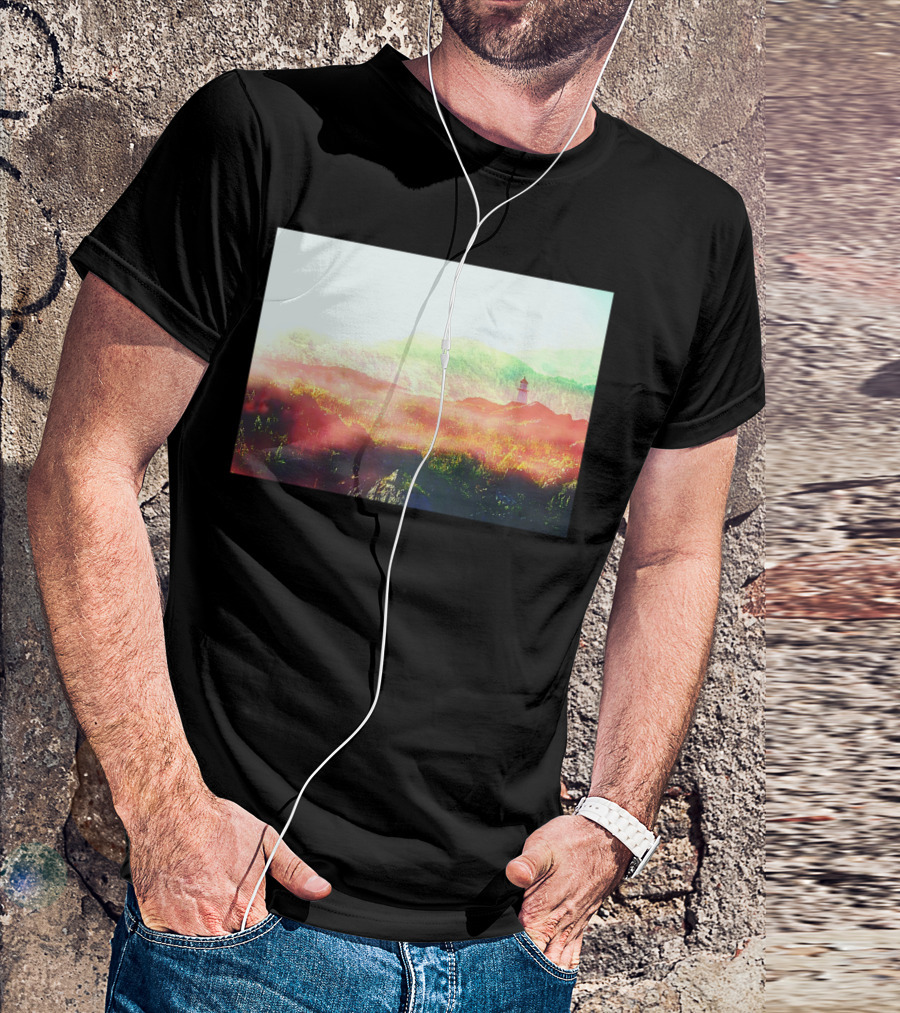 Lands Of Fire Enchanted Landscape With Lighthouse In Misty Mountains T-Shirt