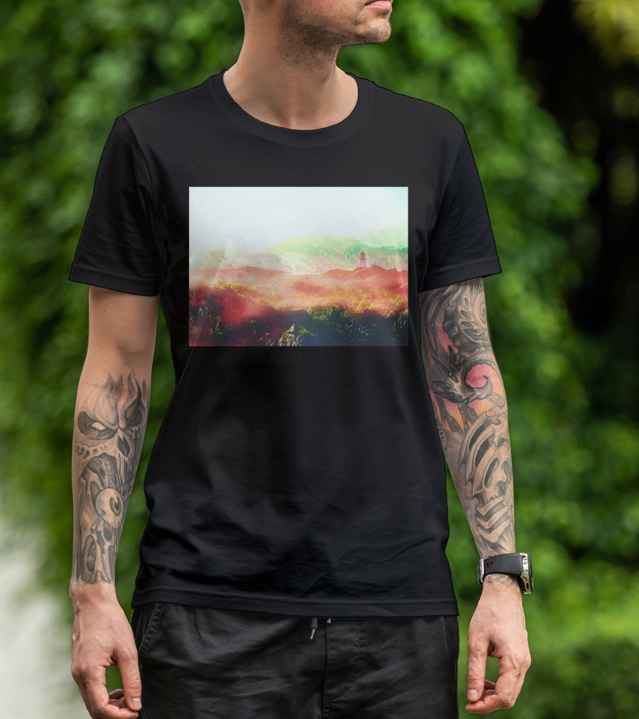 Lands Of Fire Enchanted Landscape With Lighthouse In Misty Mountains T-Shirt