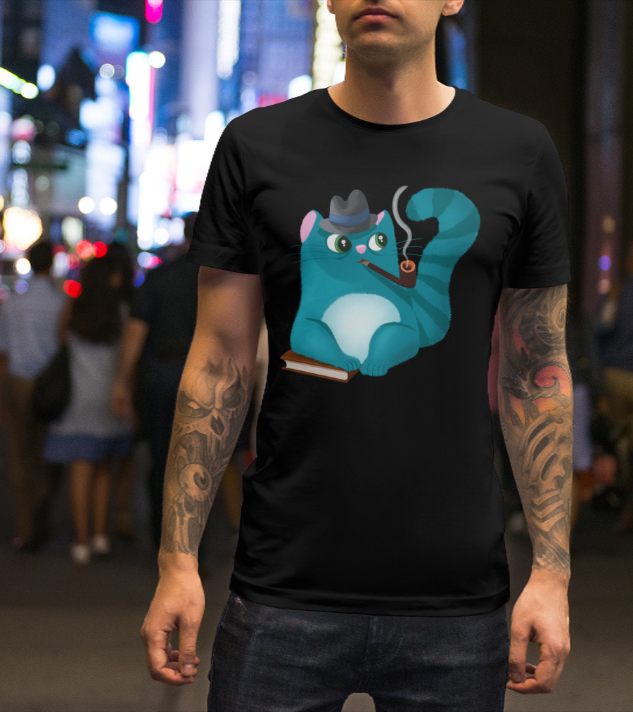 Professor Kitty Smoky Pipe Fedora Book Cat T-Shirt