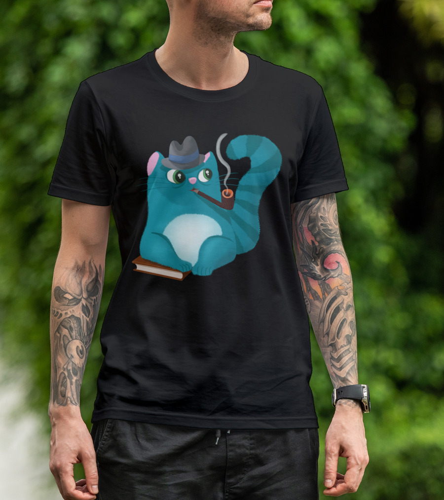 Professor Kitty Smoky Pipe Fedora Book Cat T-Shirt