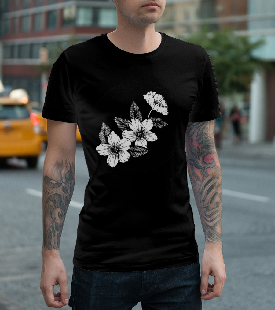 Floral Circle Black and White Botanical T-Shirt