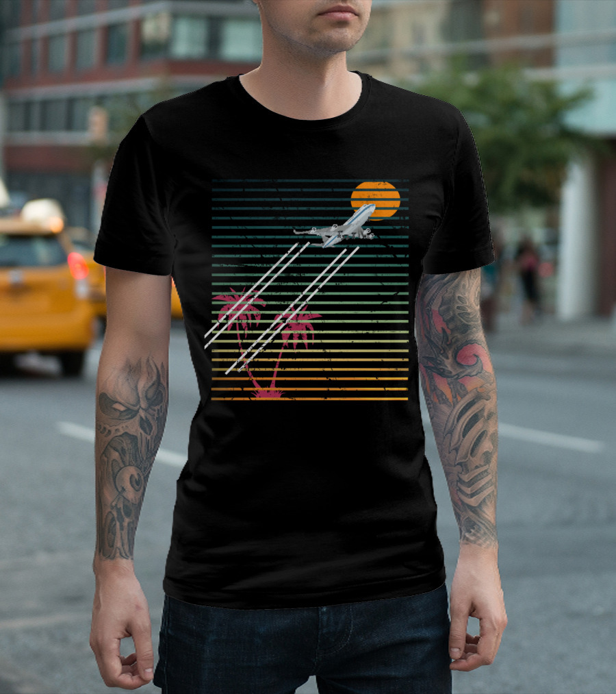 Retro Jet Palm Trees Striped Sunset T-Shirt