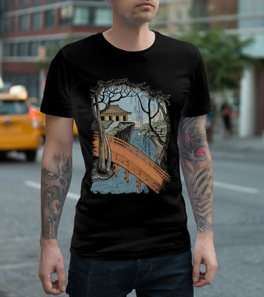 Landscape With Bridge and Willow Pagoda Scene T-Shirt