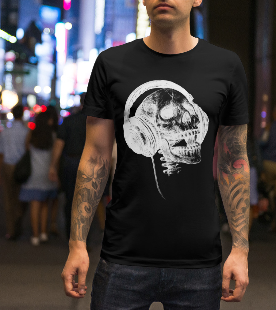 Music Forever White Skull Headphones T-Shirt