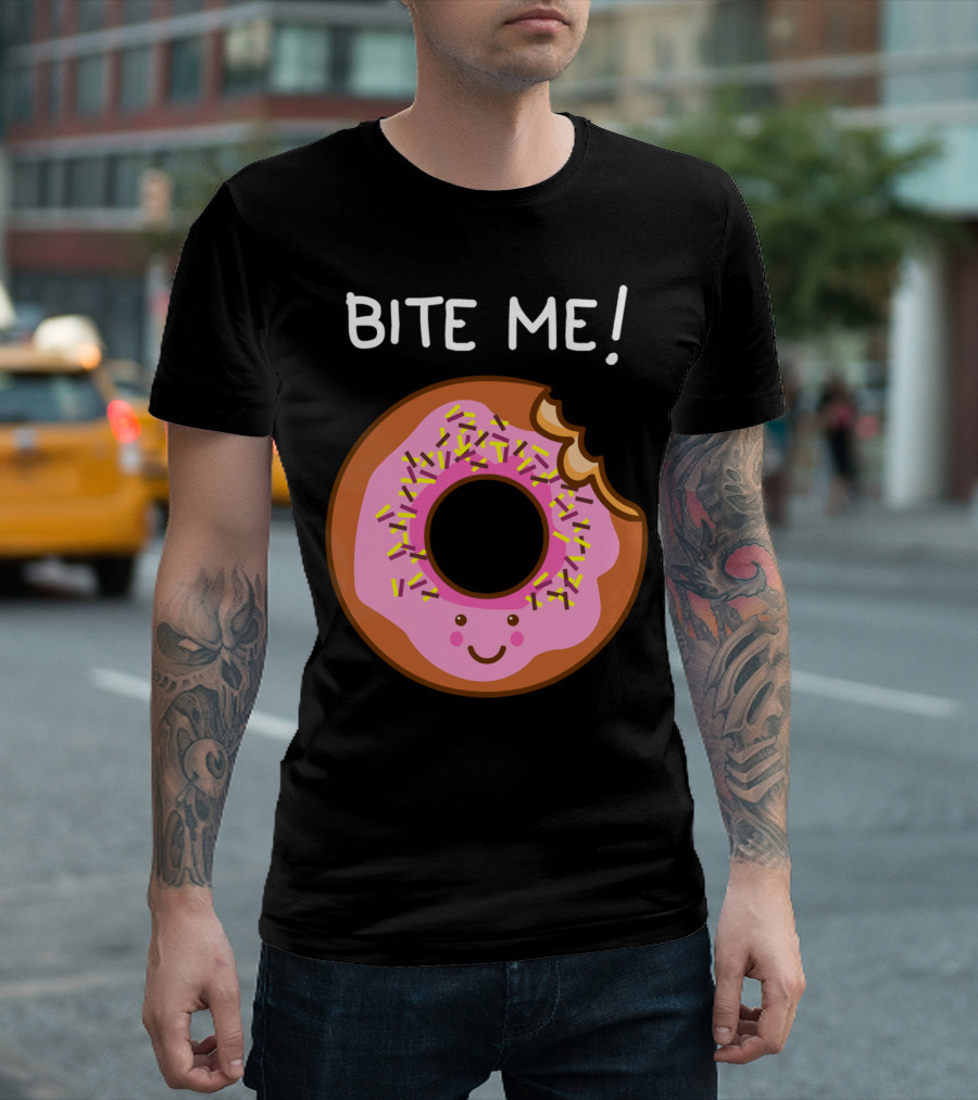 Bite Me Smiling Pink Frosted Donut With Sprinkles T-Shirt