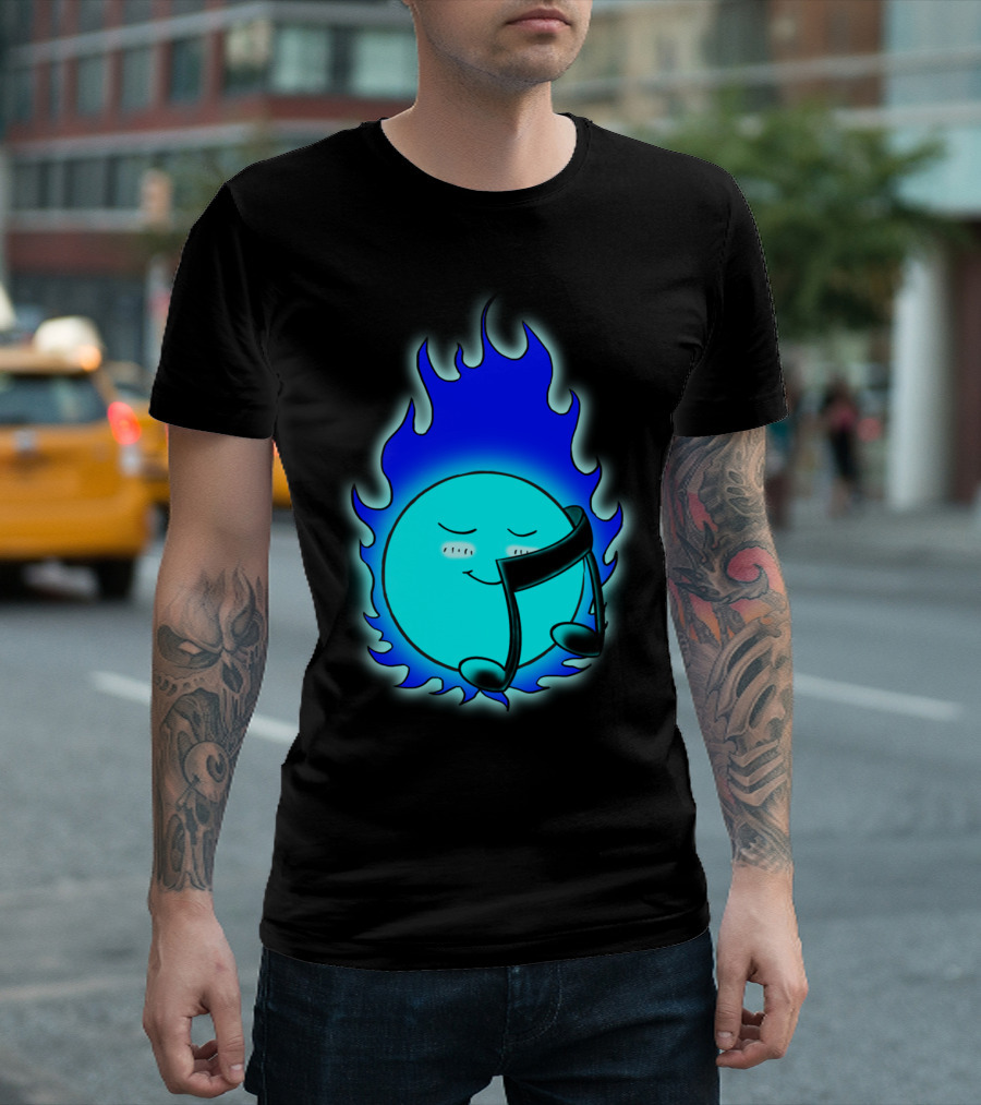 Flaming Blue Music Note Embracing Smiling Globe T-Shirt