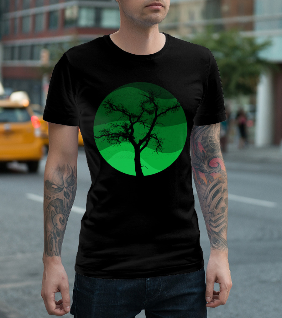 Tree Green Circle Nature Silhouette in Dark Green Circle T-Shirt