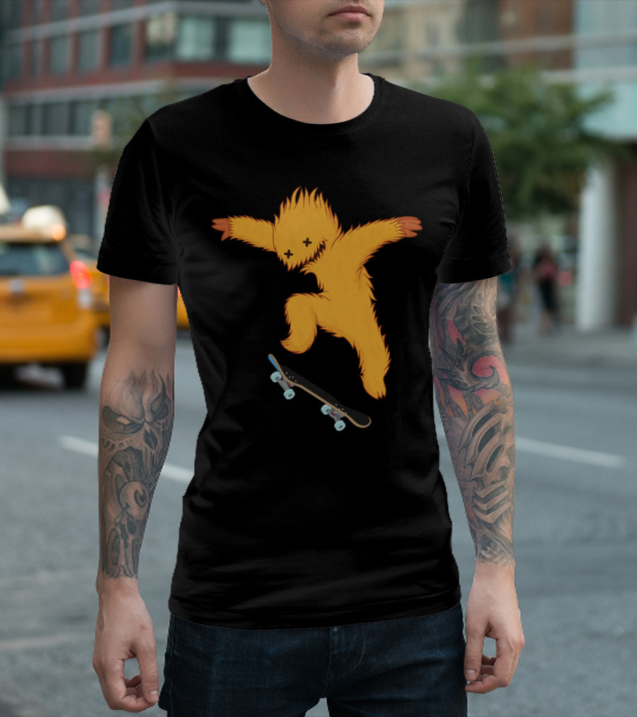 Skate Gremlin Orange Furry Creature Performing Skateboard Trick T-Shirt