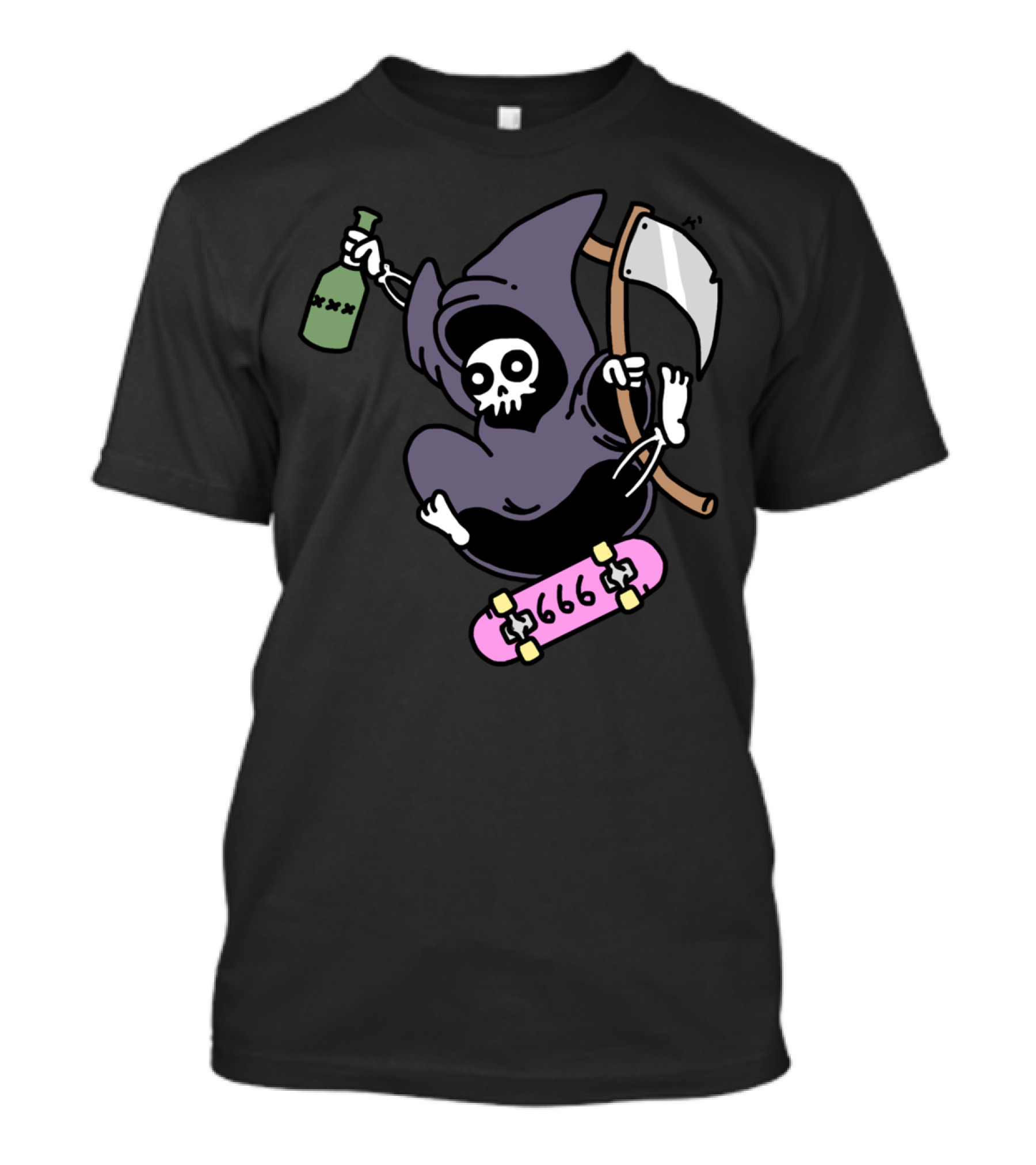 Skate Or Die Grim Reaper 666 Skateboard Rider With Scythe And Bottle T-Shirt