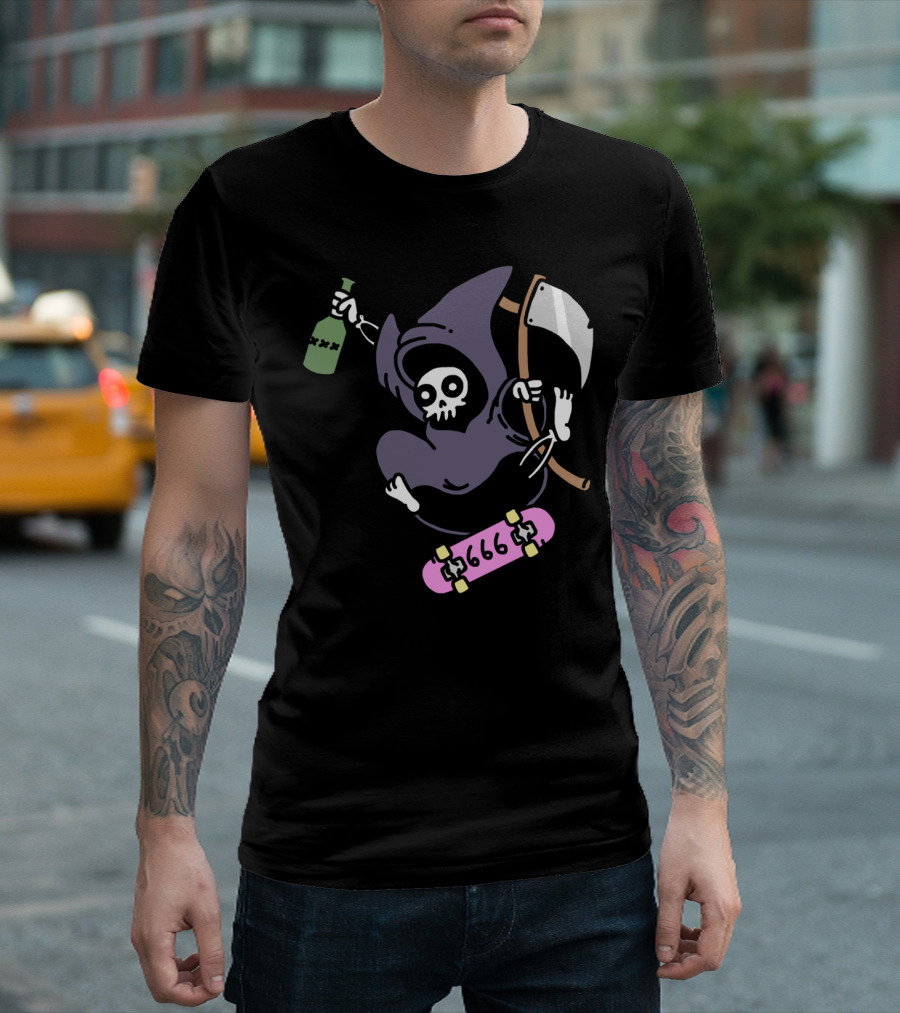 Skate Or Die Grim Reaper 666 Skateboard Rider with Scythe and Bottle T-Shirt