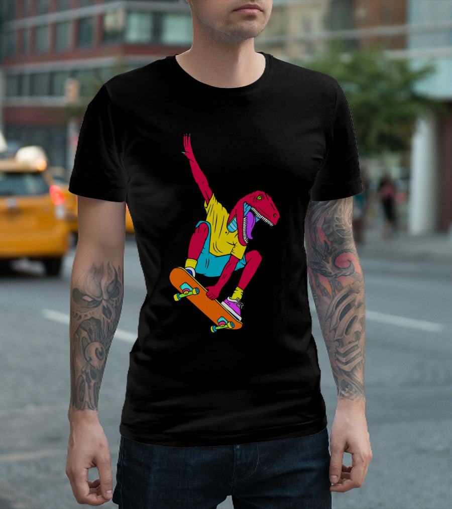 Skate Raptor Dinosaur On Orange Skateboard In Bright Colors T-Shirt