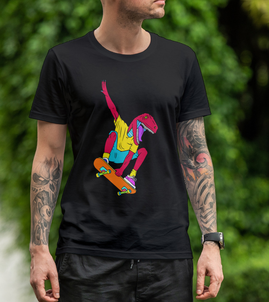 Skate Raptor Dinosaur On Orange Skateboard In Bright Colors T-Shirt