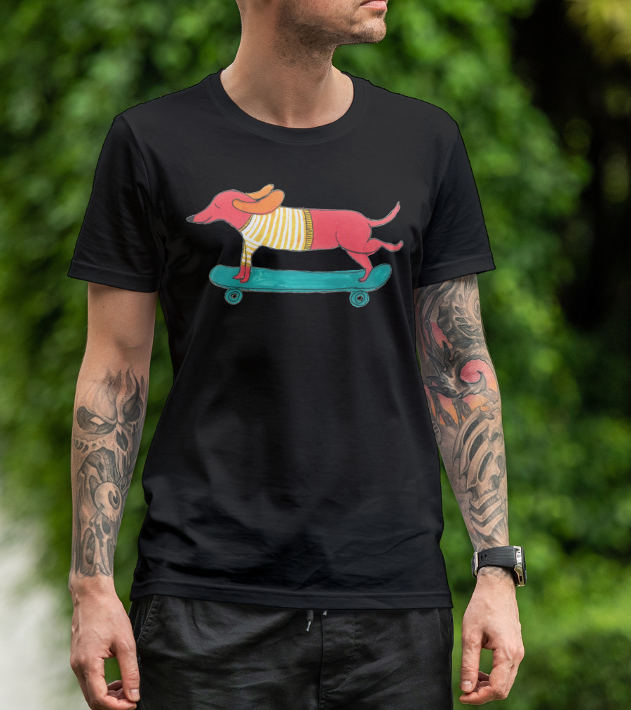Skateboarding Dog With Striped T-Shirt
