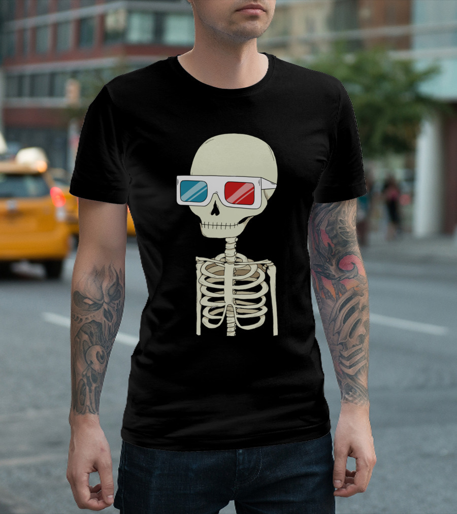 Skeleton Wearing Red And Blue 3D Glasses T-Shirt