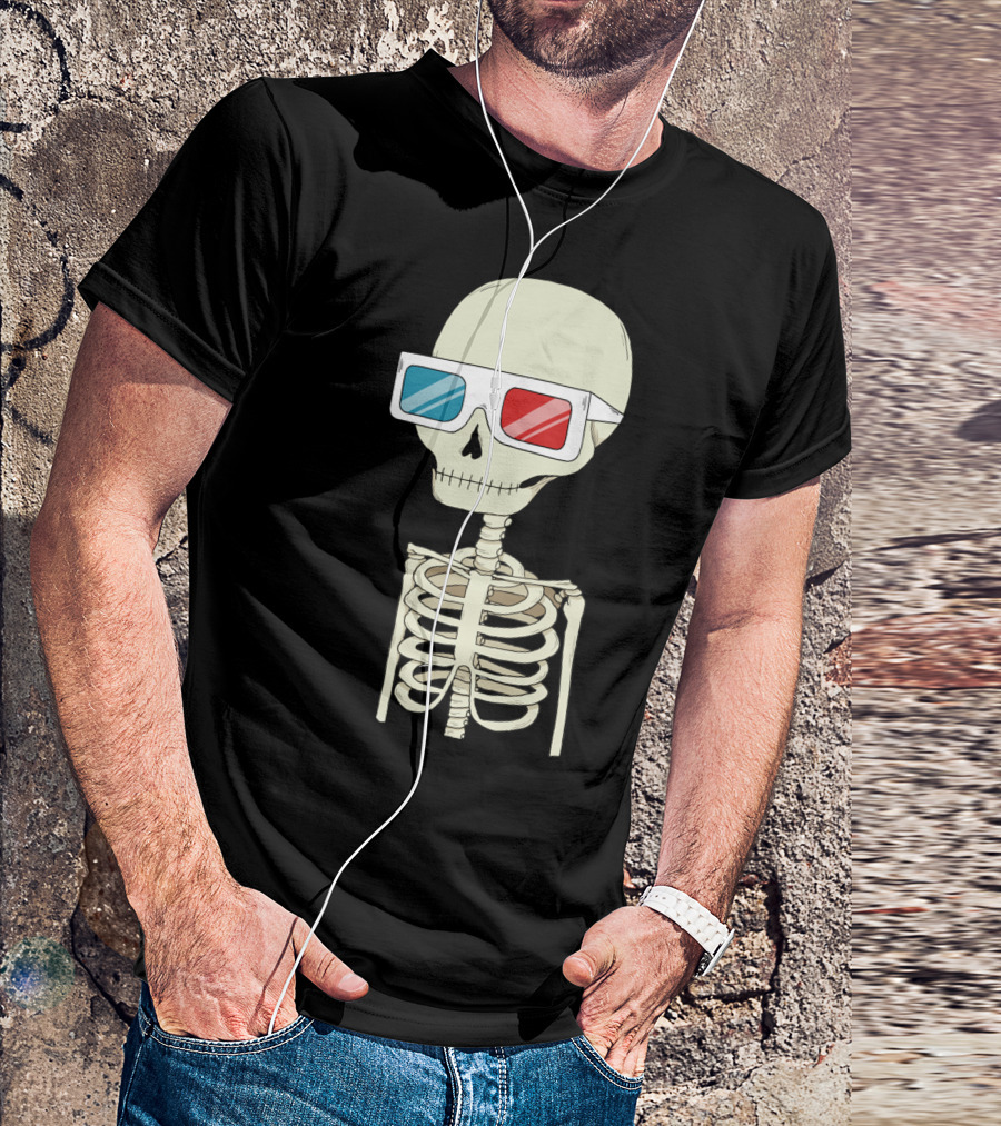 Skeleton Wearing Red And Blue 3D Glasses T-Shirt