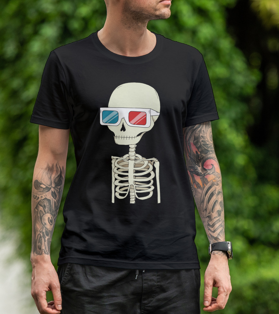 Skeleton Wearing Red And Blue 3D Glasses T-Shirt