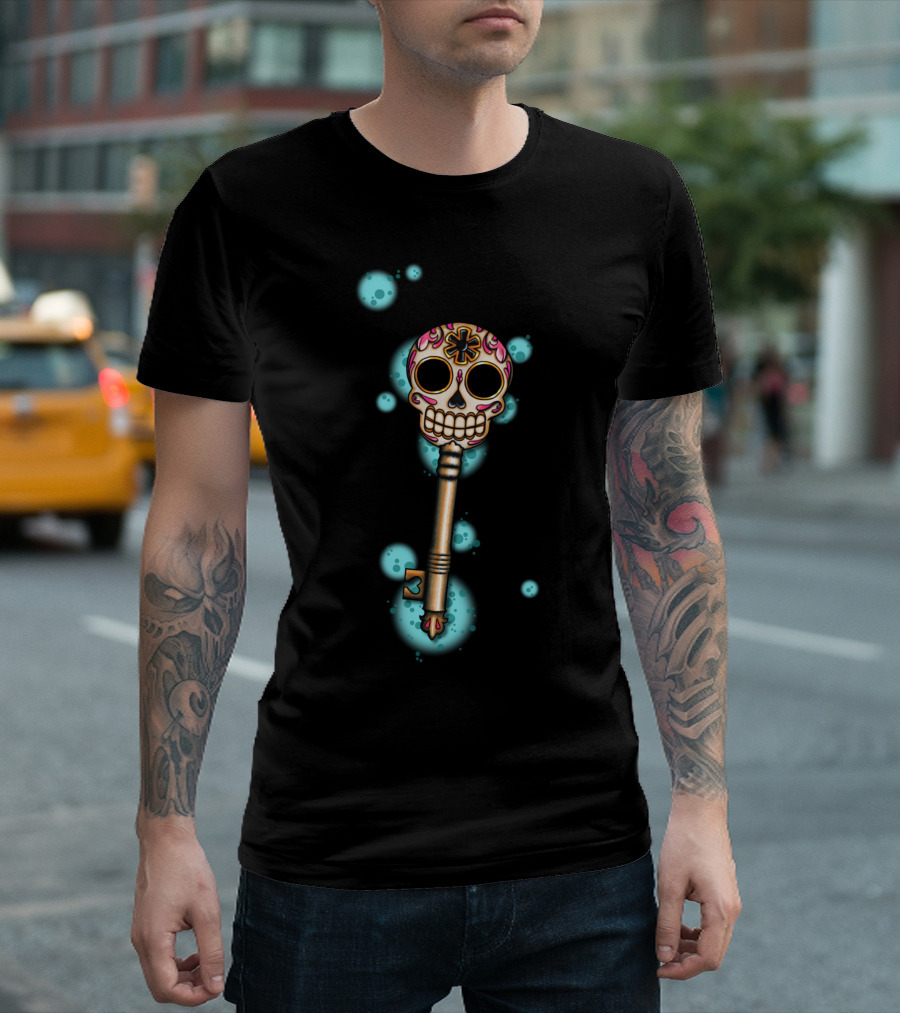 Skeleton Key Dia De Los Muertos Sugar Skull Bright Neon T-Shirt