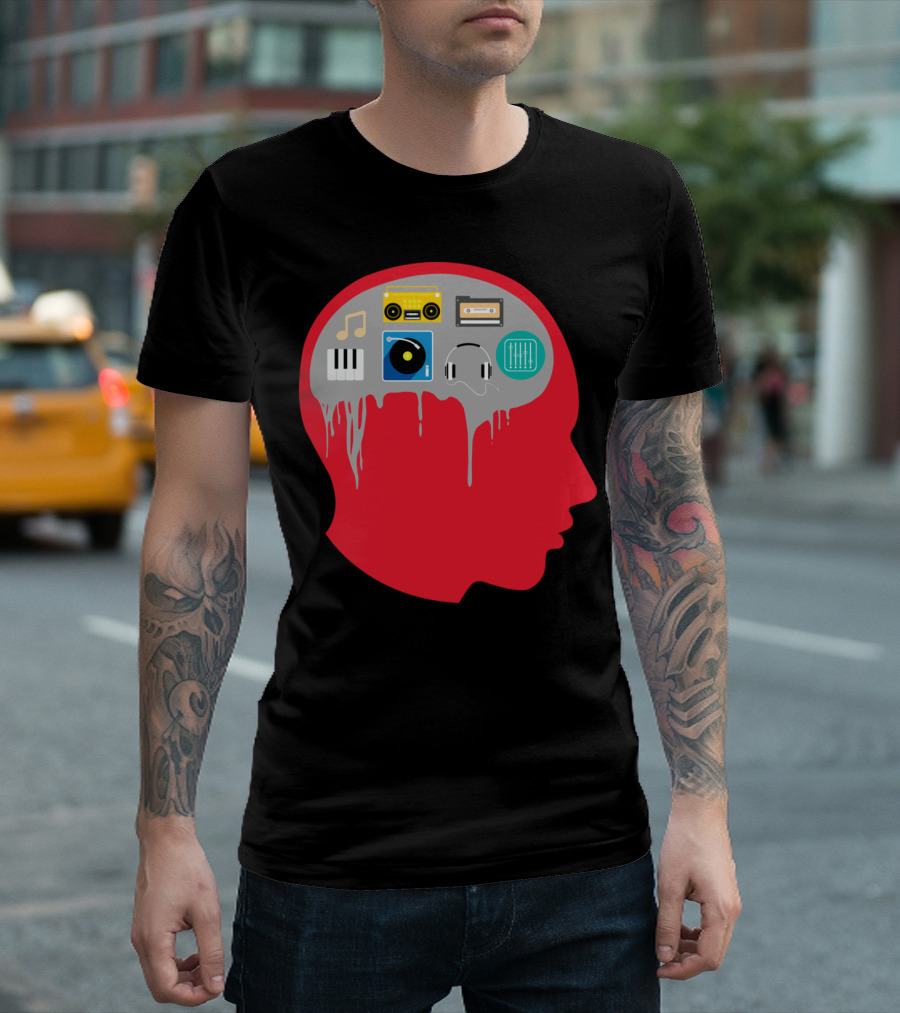 Music on the Mind with Icons of Notes, Keyboard, Turntable, Headphones, Cassette, Boombox, and Equalizer T-Shirt