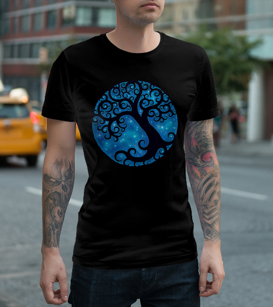 Tree Space Starry Night Swirls In Blue Sky T-Shirt