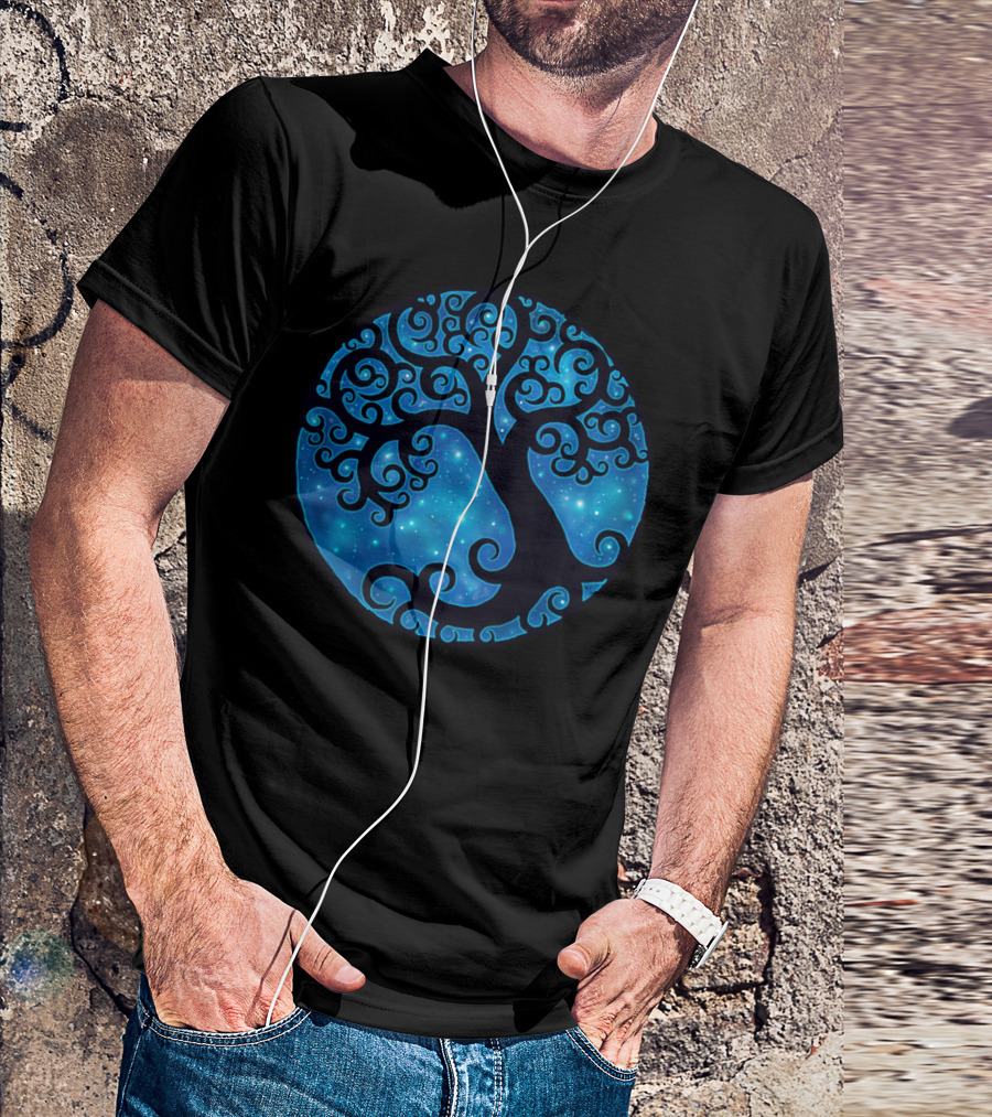 Tree Space Starry Night Swirls In Blue Sky T-Shirt