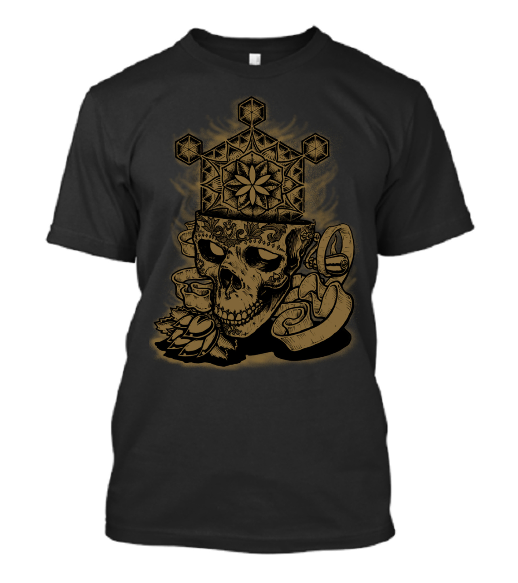 Flower Of Life Skull Motif With Golden Geometric Crown T-Shirt