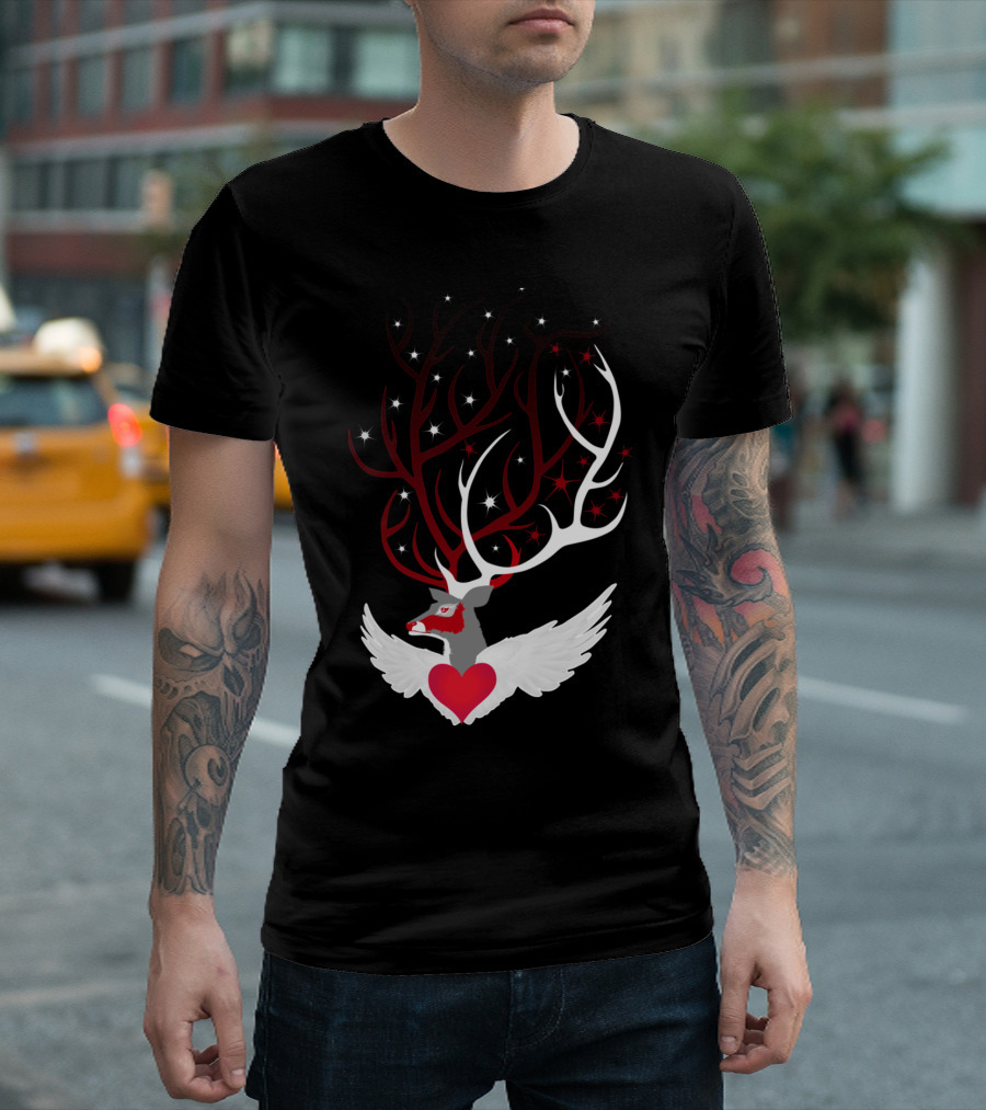 Deer Heart with Winged Antlers and Stars T-Shirt