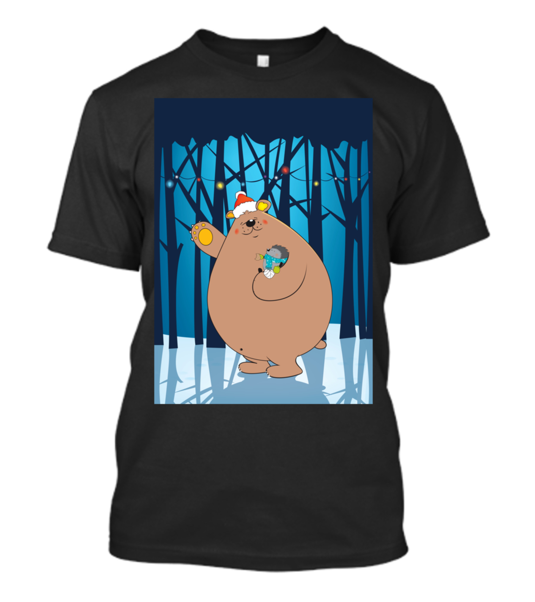 Merry Christmas With Bear And Hedgehog In Winter Forest With Santa Hat And String Lights T-Shirt