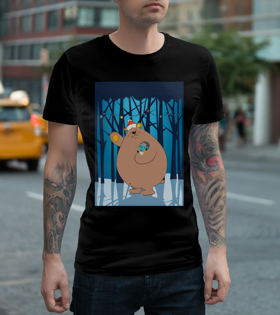 Merry Christmas With Bear And Hedgehog In Winter Forest With Santa Hat And String Lights T-Shirt