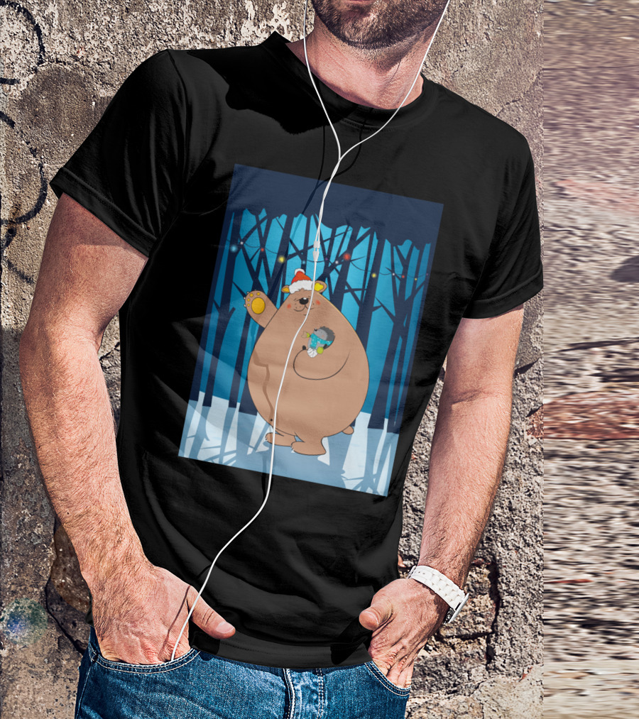 Merry Christmas With Bear And Hedgehog In Winter Forest With Santa Hat And String Lights T-Shirt