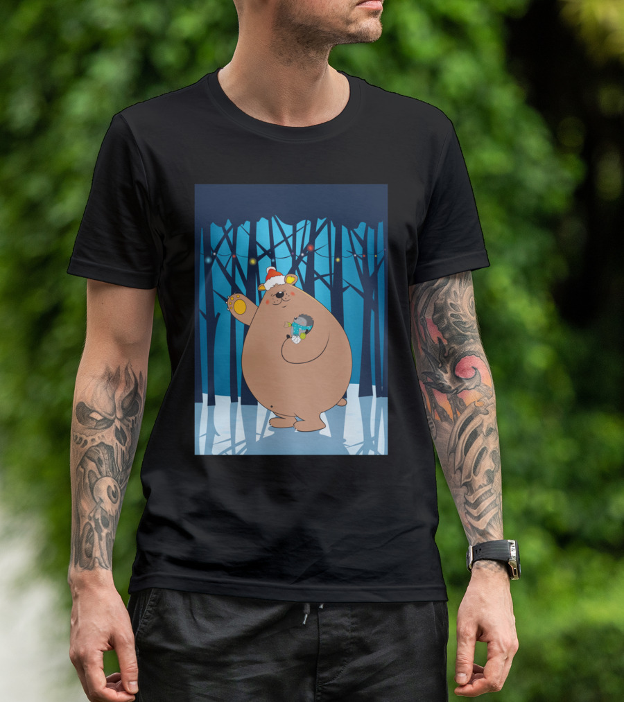 Merry Christmas With Bear And Hedgehog In Winter Forest With Santa Hat And String Lights T-Shirt