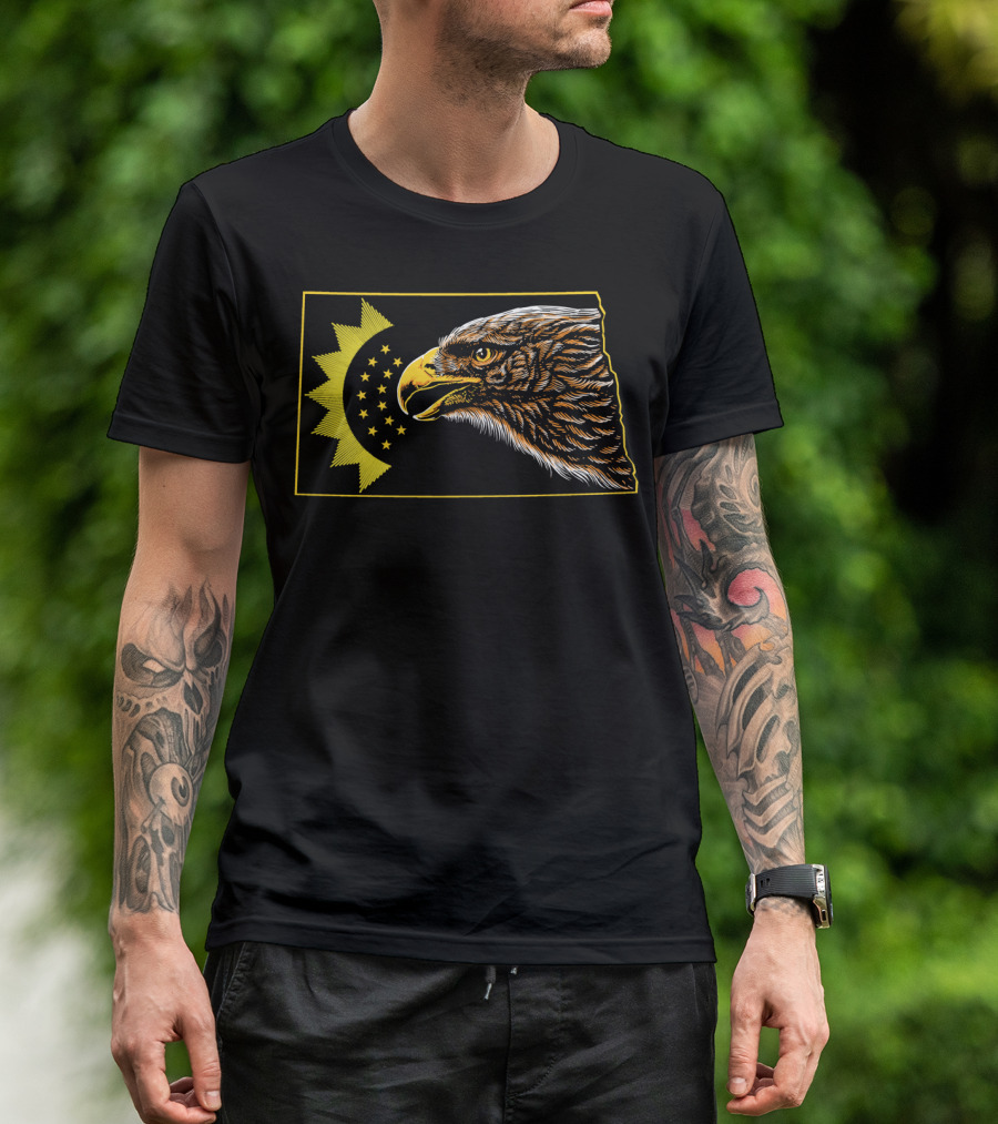 North Dakota State Shape Bald Eagle With Star Crescent T-Shirt