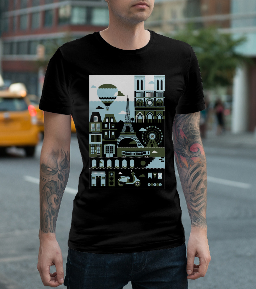 Paris Eiffel Tower Notre Dame Hot Air Balloon Ferris Wheel Scooter Icon Montage T-Shirt