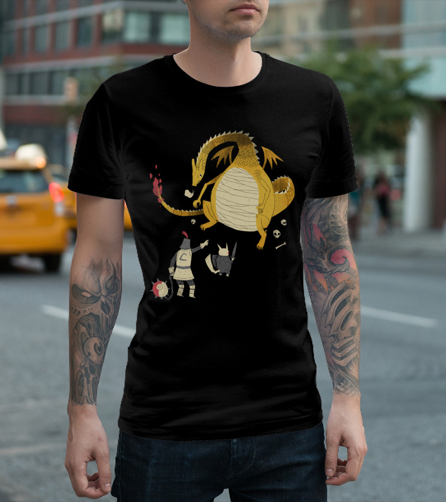 Ye Hath To Catcheth Them All Medieval Knight Dragon Battle Sketch T-Shirt