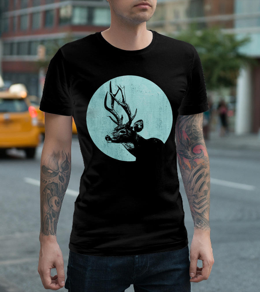 Retro Stag Vintage Deer In Blue Circle T-Shirt
