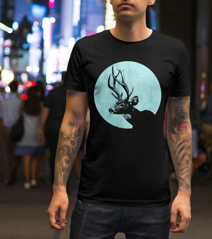 Retro Stag Vintage Deer In Blue Circle T-Shirt