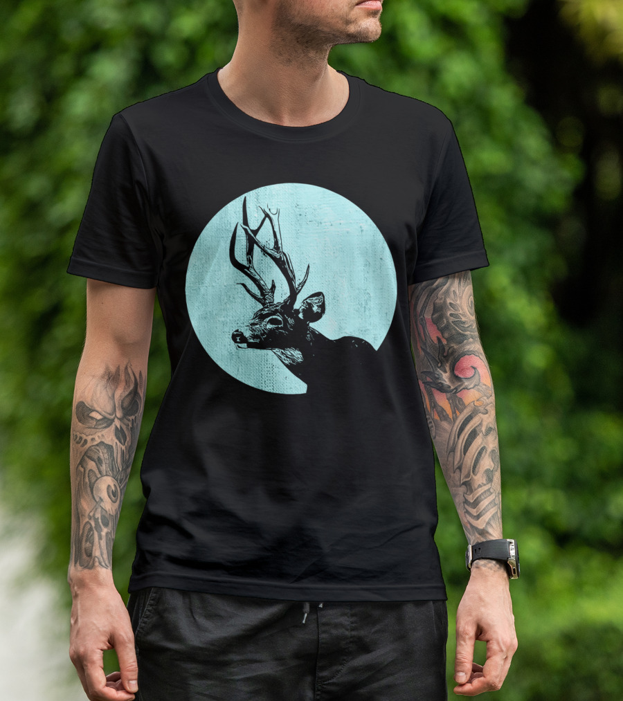 Retro Stag Vintage Deer In Blue Circle T-Shirt