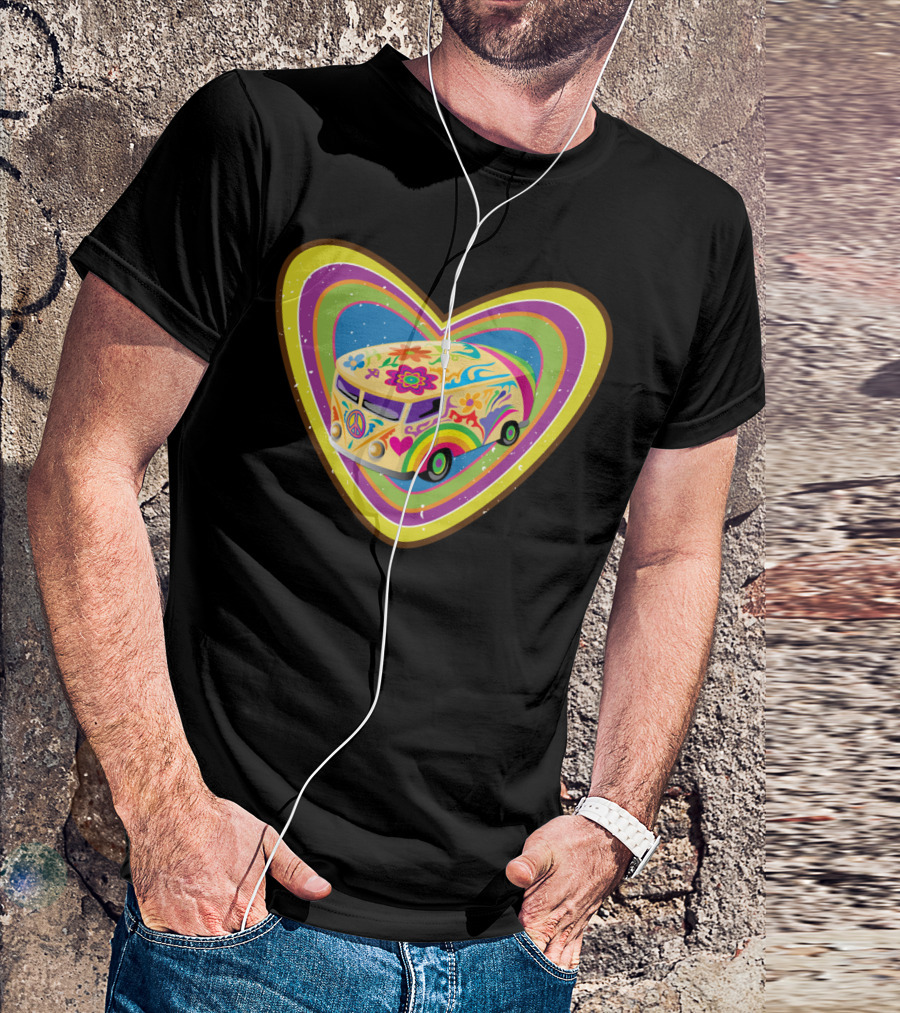 Psychedelic Love Van Heart With Peace And Flower Power T-Shirt