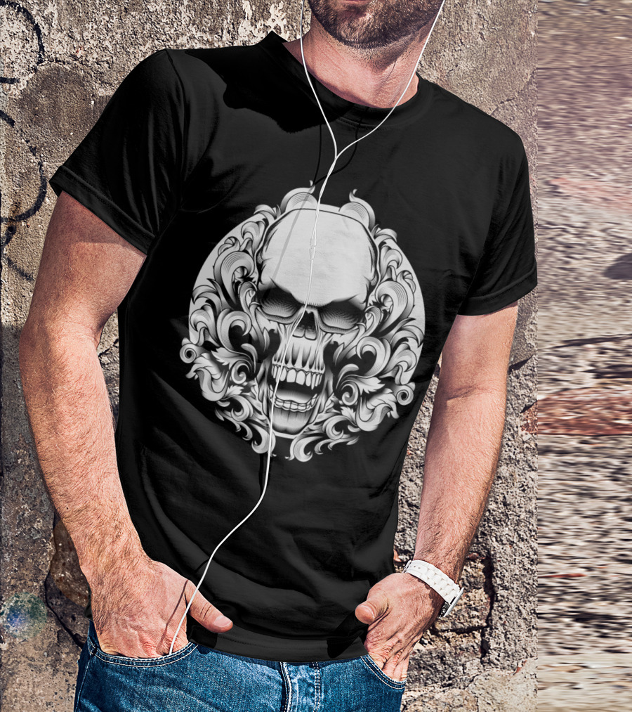 Skull Acanthus Filigree Head Horns Symmetrical T-Shirt