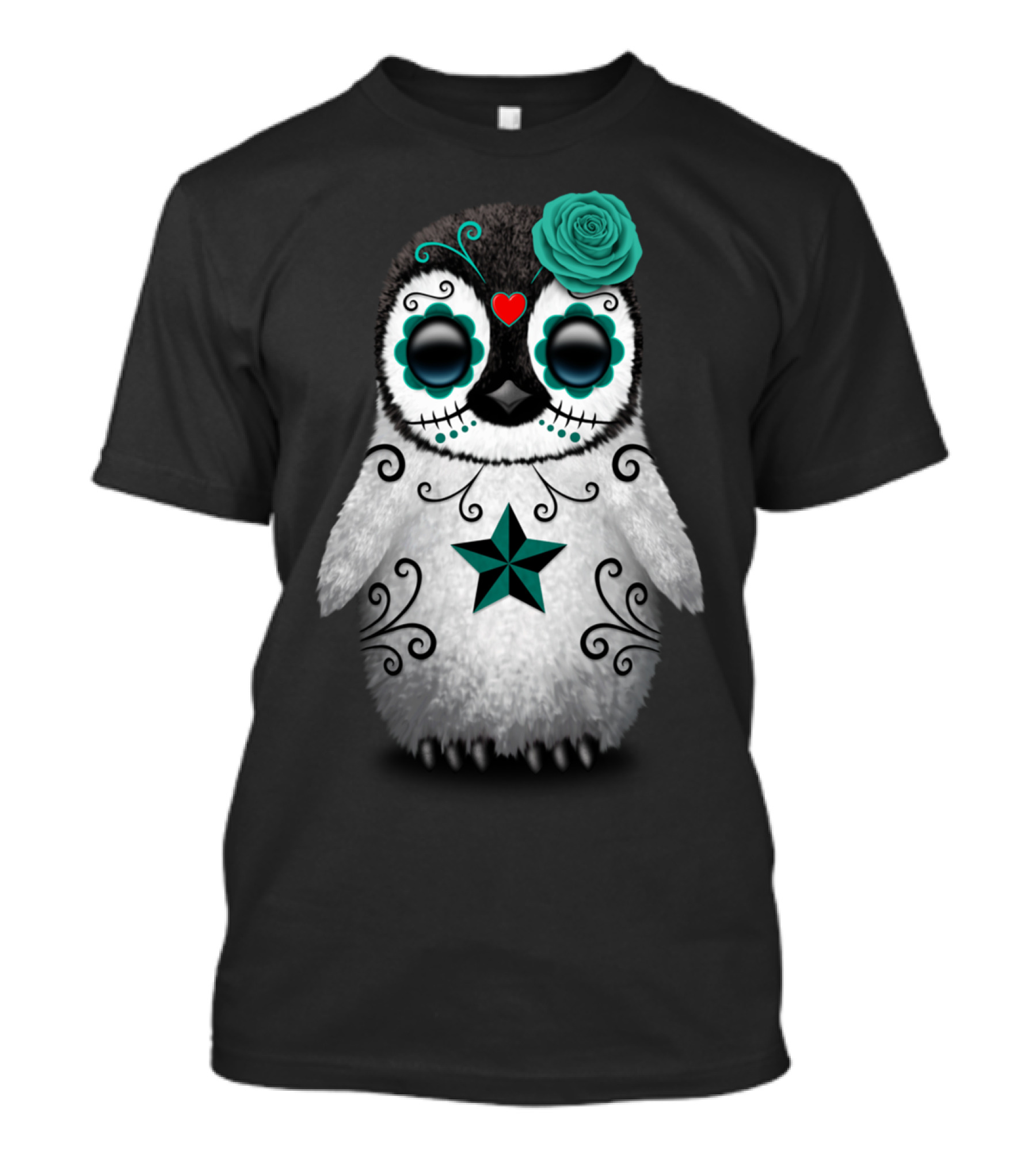 Teal Blue Day Of The Dead Sugar Skull Penguin With Flower And Heart T-Shirt