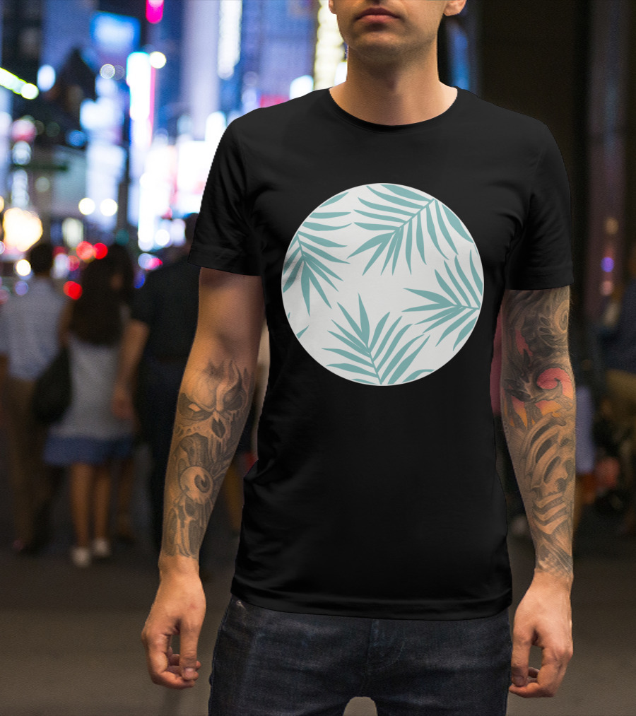 Delicate Green Tropical Leaves Pattern On Light Circular Background T-Shirt
